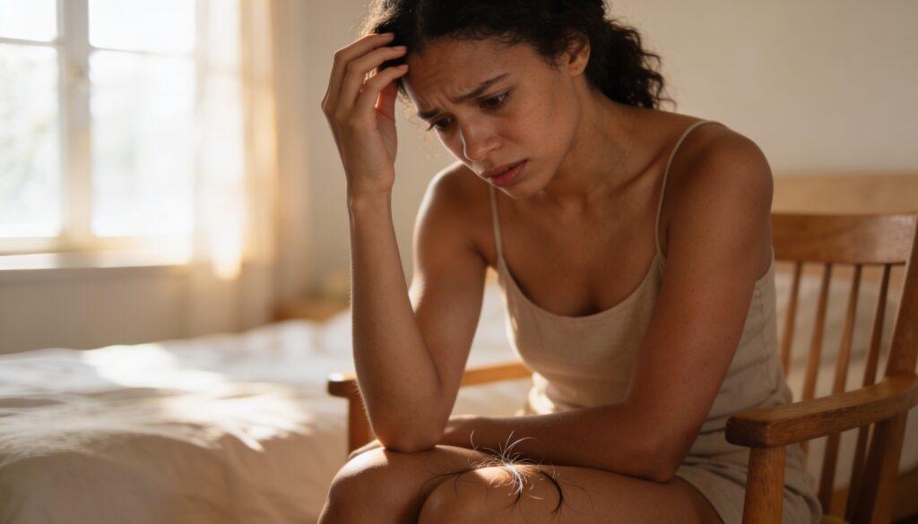 Woman with a worried expression learning about Women Hair Transplant solutions for hair restoration.