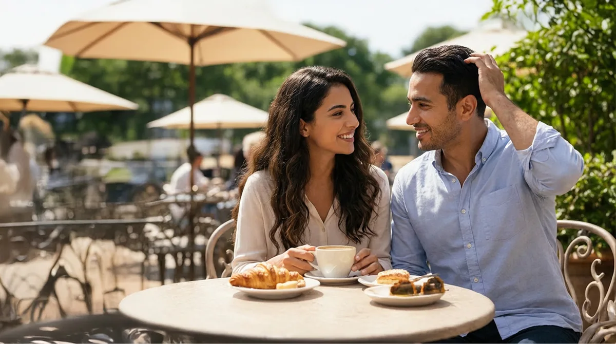 Couple smiling at an outdoor café after hair restoration in Cook County, Illinois