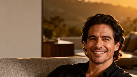 Smiling man with thick, dark hair relaxing at home after a hair transplant in Arlington Heights
