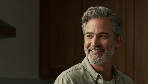 Smiling man with a full, natural hairline after a Micro PUE® hair transplant in Cook County